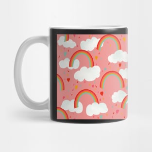 Clouds, rainbows and love hearts on a rose pink background Mug